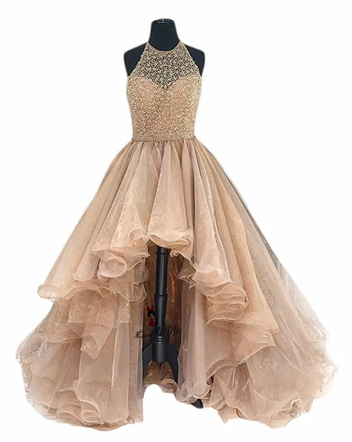 Женское блестящее платье цвета шампанского с бусинами|vestido de formatura longo|low prom dressesprom