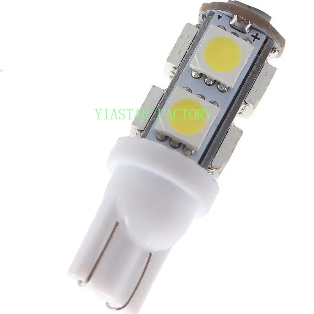 Фото Yiastar 100x светодиодный T10 W5W светодиодный ные лампы 9SMD 5050 W5W T10 светодиодный белые автомобильные клиновые габаритные огни W5W 194 168 светодиодный лампы для салона №3