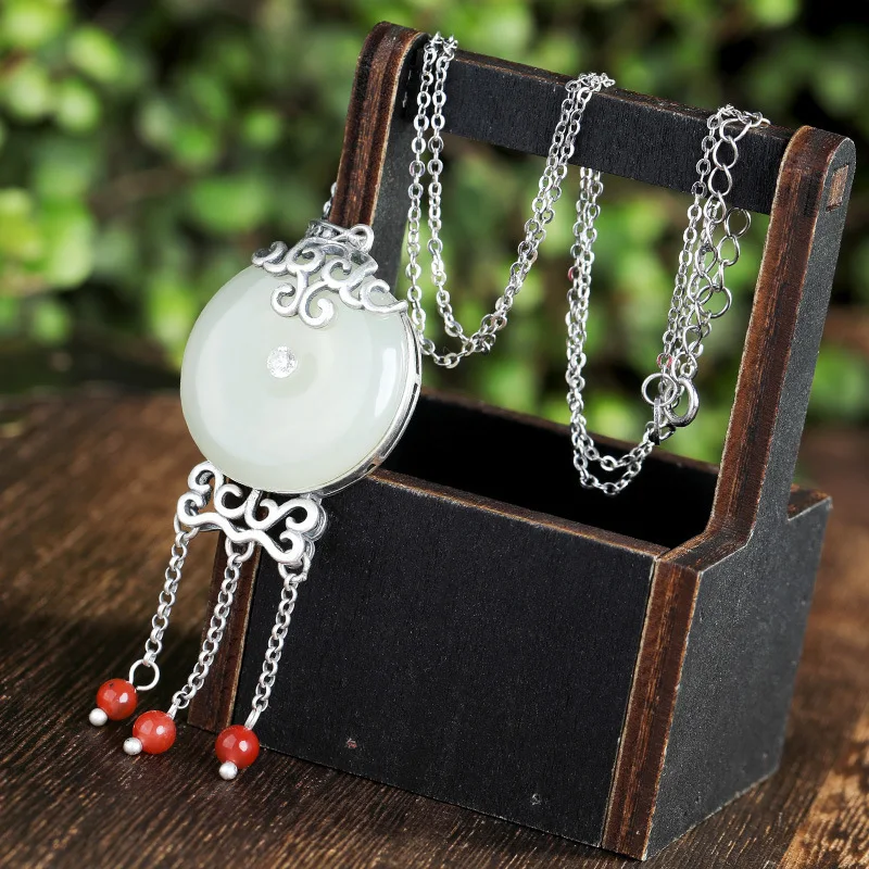pure silver inlaid Hetian Jade and White Jade safely buckle the natural female Necklace Pendant with ancient red balls