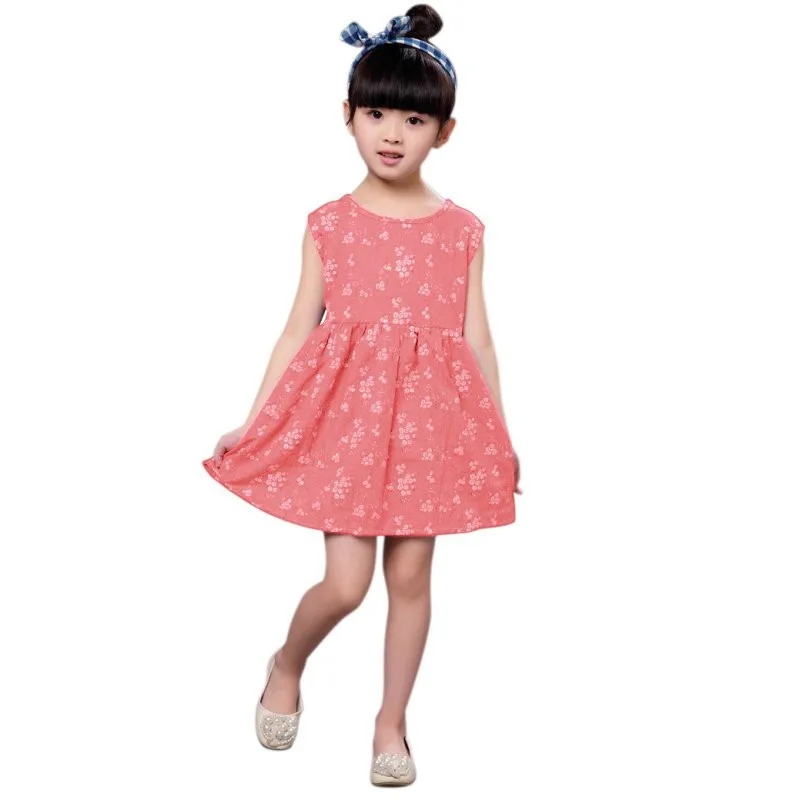 Детское льняное хлопковое платье принцессы с цветочным принтом и круглым