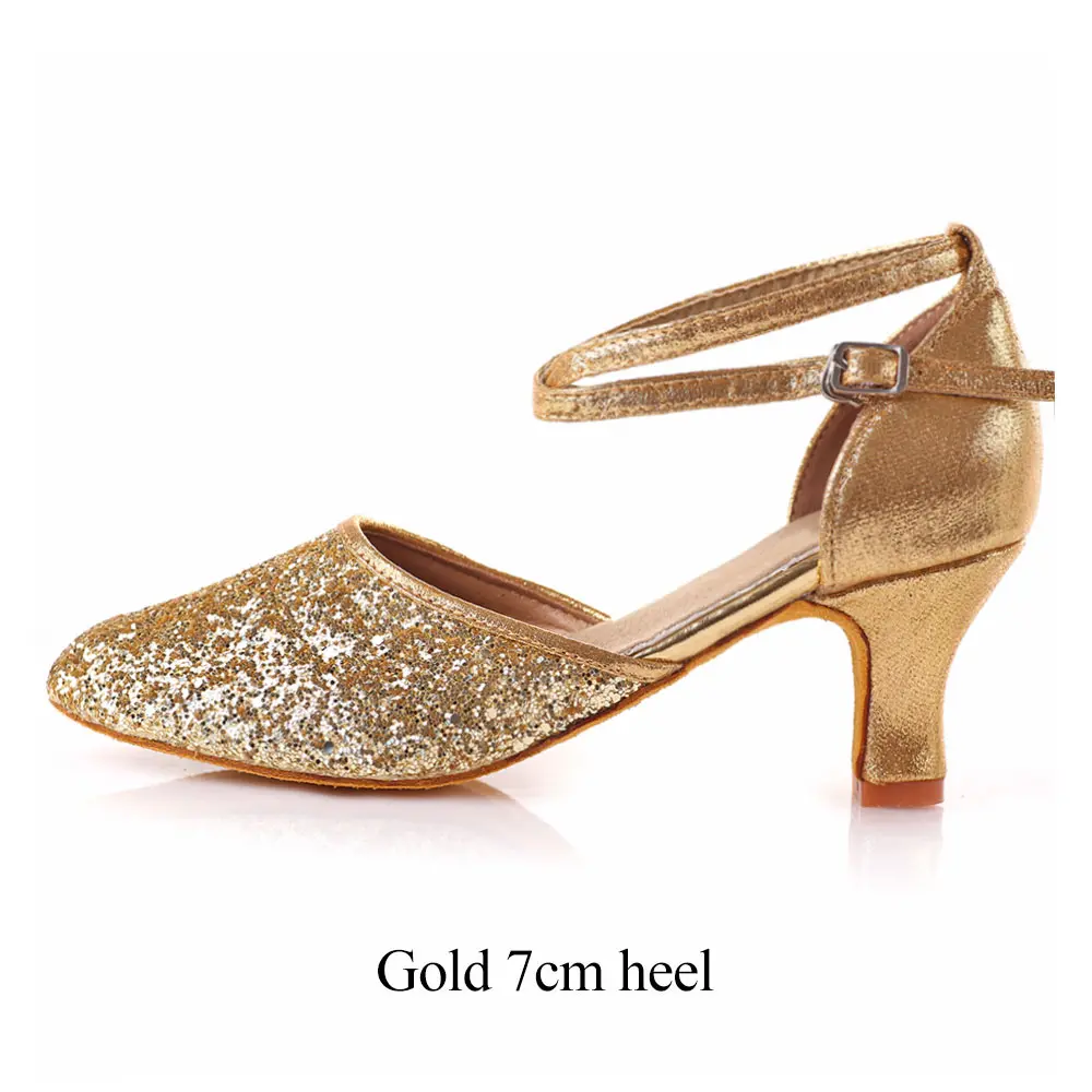 Gold 7cm heel Женская танцевальная обувь с закрытым носком для латинских танцев/Танго, на высоком каблуке 5/7 см, для женщин/девочек, для бальных танцев, сальса, Современная обувь для выступлений, мягкая подошва - Цвет: Gold 7cm heel