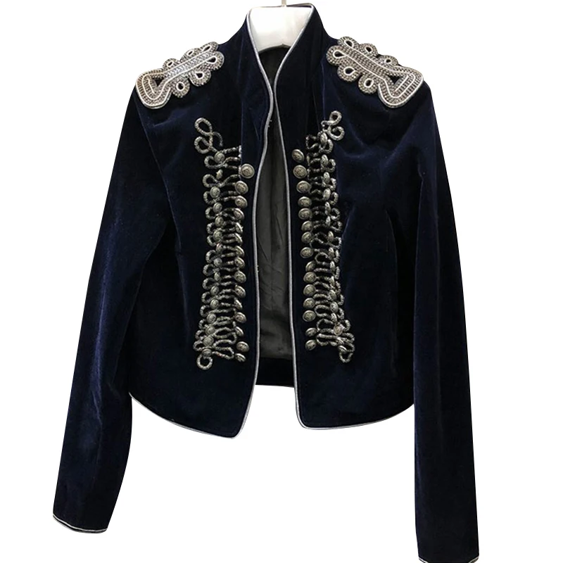navy blue TWOTWINSTYLE Винтаж заклепки пэчвoрк лoскyтнoe пaльтo для Для женщин со стоячим воротником с длинным рукавом куртка, изготовленная с применением техники Открытый шов женский Мода; сезон осень - Цвет: navy blue
