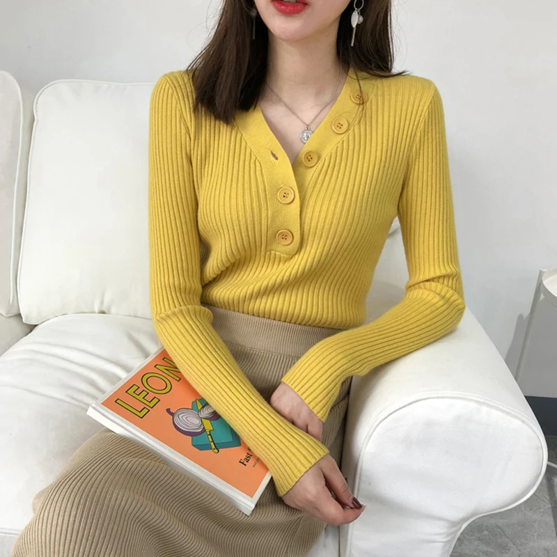 Casual V-neck Knitted Sweater Women Fashion Button Soft Jumper Female Slim Elastic Pullovers 2019 Autumn Knit Tops | Женская одежда