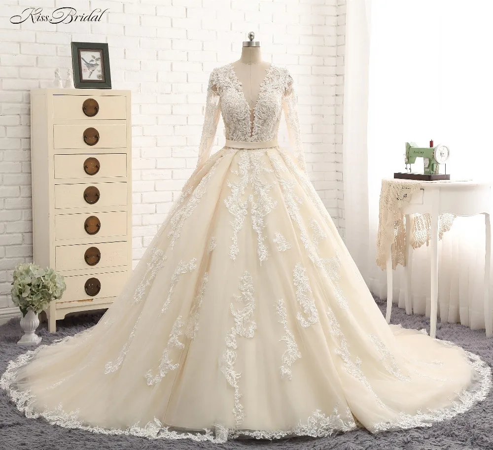 

Женское длинное свадебное платье, элегантное кружевное Тюлевое платье-трапеция с длинным рукавом, V-образным вырезом, аппликацией и шлейфом...