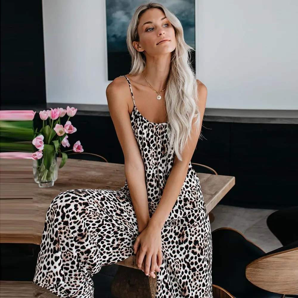 Женский свободный комбинезон без рукавов с леопардовым принтом и высокой талией