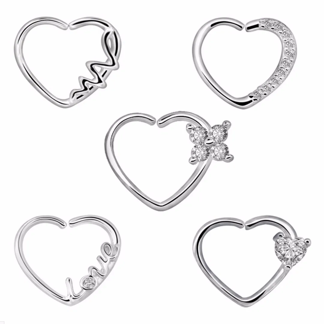 Sainio 2 шт. CZ Цветок Любовь Сердце волна посеребренное кольцо для пирсинга носа Шарм