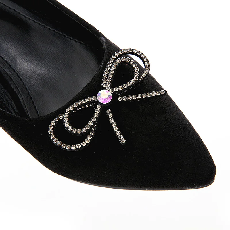 

Glglgege Women 2018 Med heels Real Suede Pumps Lady Pointed Toe Black Diamond Butterfly-knot Dress shoes inside made Microfiber