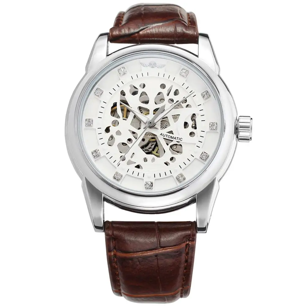 Pulseira de Couro Relógio Vencedor Totalmente Prata Superfície Densa Flor Padrão Marrom Automático Masculino Cor