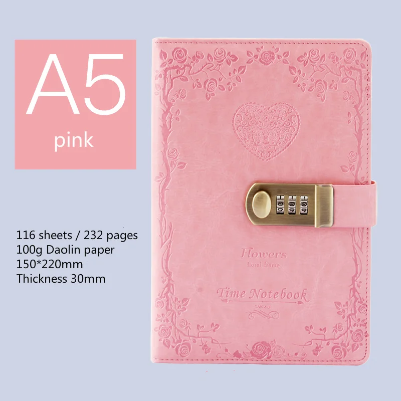 pink Блокнот с замком паролей А5, 4 цвета, Ретро стиль, золотой замок, для девушек, уплотненный личный дневник с замком, Офисная книга с паролем на заказ - Цвет: pink