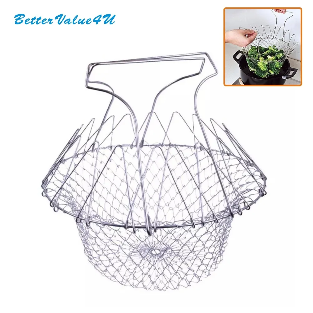 Bettervalue4u Chef Basket Stainless Steel Foldable Steam Rinse Strain Fry Strainer Net Kitchen Tool Good / Vegetable | Дом и сад