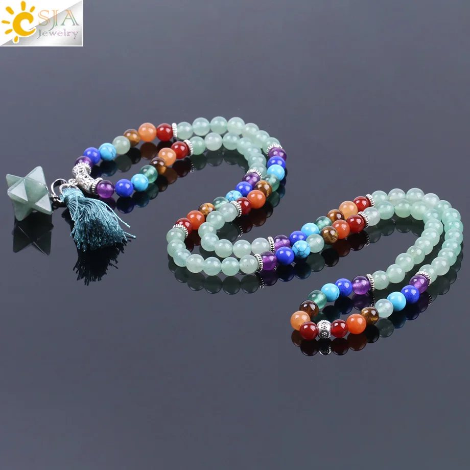 Многоуровневый браслет CSJA Green с авантюрином 108 медитация бисерные браслеты 7 чакр