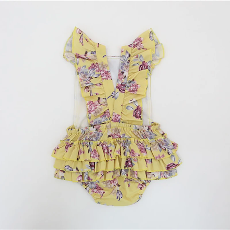 2017 Hot Baby Girls Clothes Lace Sleeveless Bodysuit Tiny cottons Infant Clothing Yellow Boutique Vintage Floral Jumpsuit Outfit | Детская