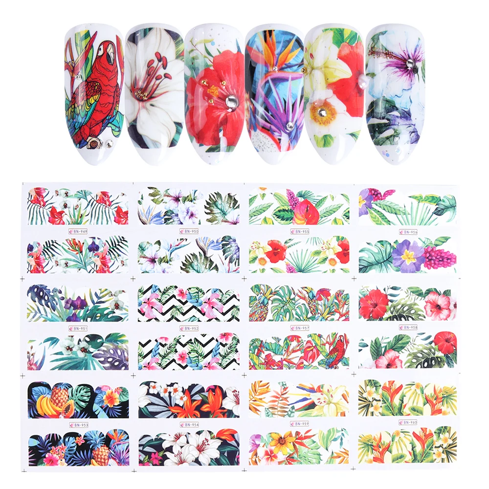 Переводные переводки для ногтей 24 дизайна Набор стикеров в джунглях попугаи