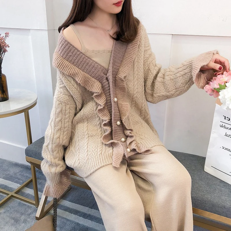 CHICEVER Korean Cardigan Sweater For Women V Neck Flare Sleeve Loose Ruffles Hit Color Sweaters Coats Female Fashion New Autumn |