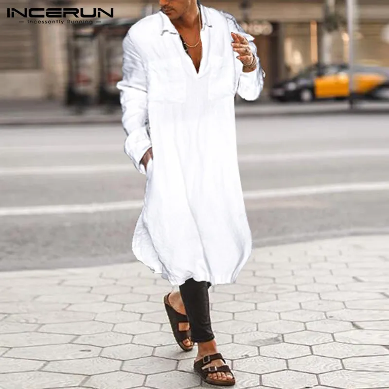 INCERUN Lapel Shirt Men Solid Color Slim Collar Long Section Long-sleeved Shirt Beach Wind Loose Casual Streetwear Camisas