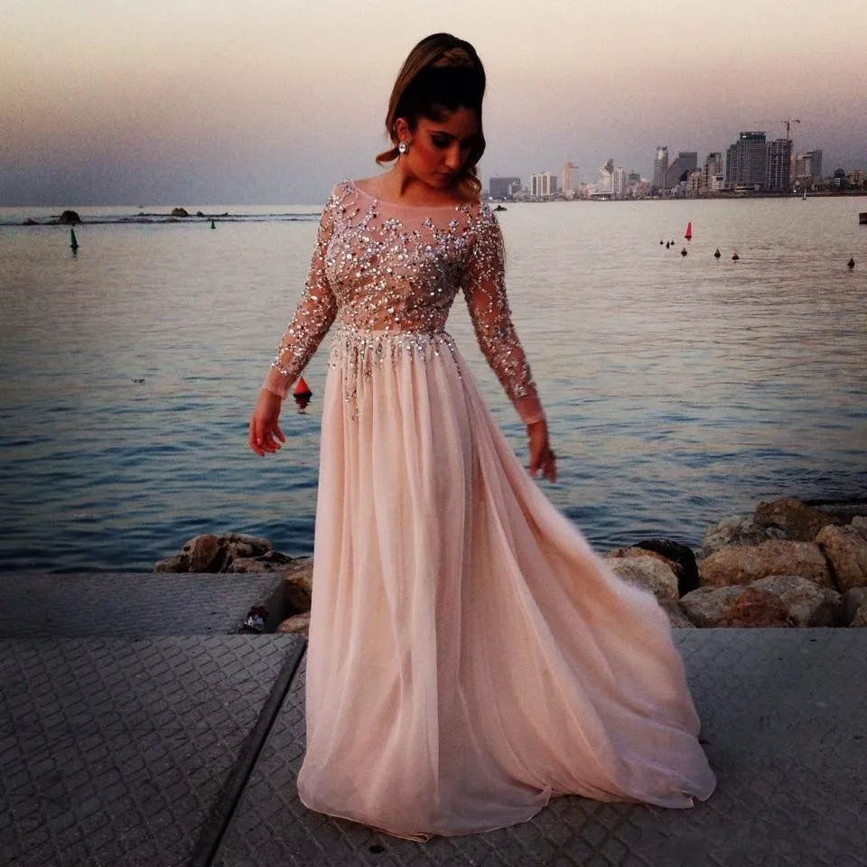 Шифоновое платье трапеция с длинным рукавом расшитое бисером TB01|prom dresses|elie saab