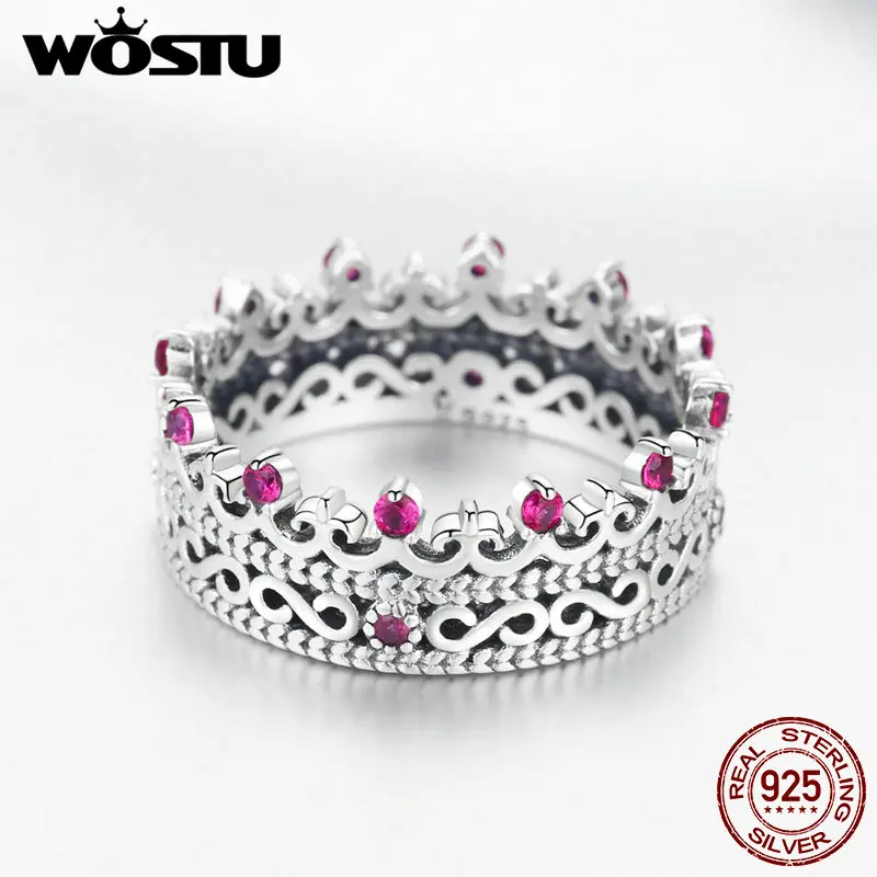 WOSTU Новая мода Настоящее серебро 925 проба корона принцессы королевы кольца для Женская циркониевая серебряное кольцо Свадебные украшения BKR487