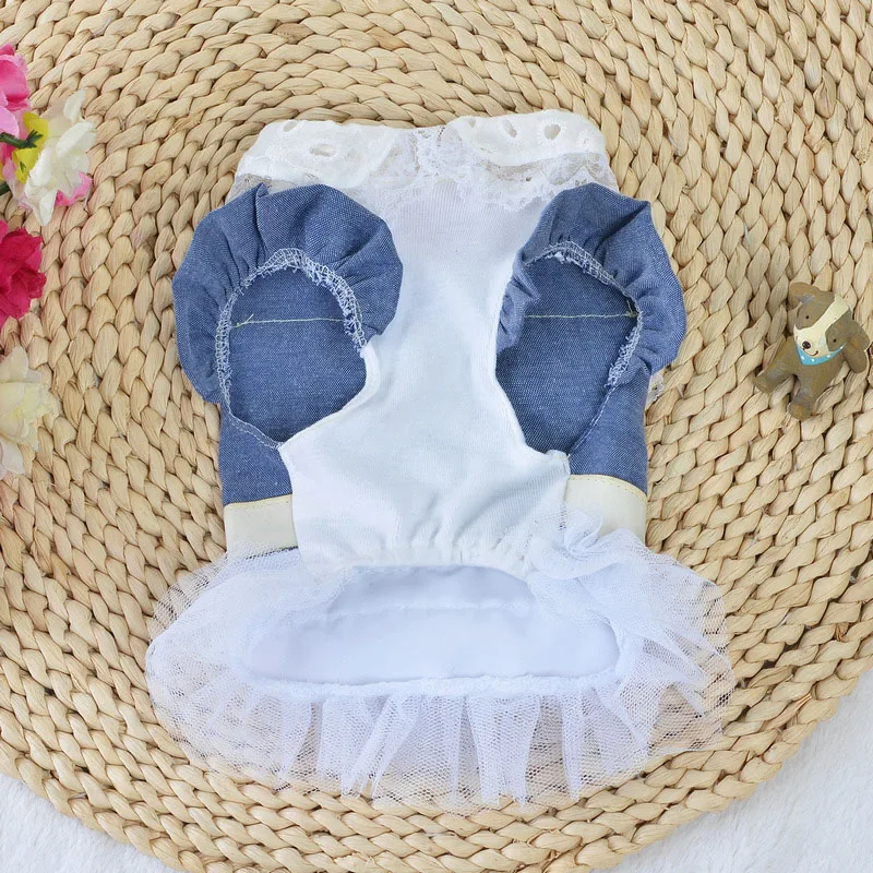 Lace Jean Dog Dress Summer Breathable England Style Bow Tie Chiffon Pet Shirt Puppy Cat Dresses For Small Dogs Teddy Chihuahua |