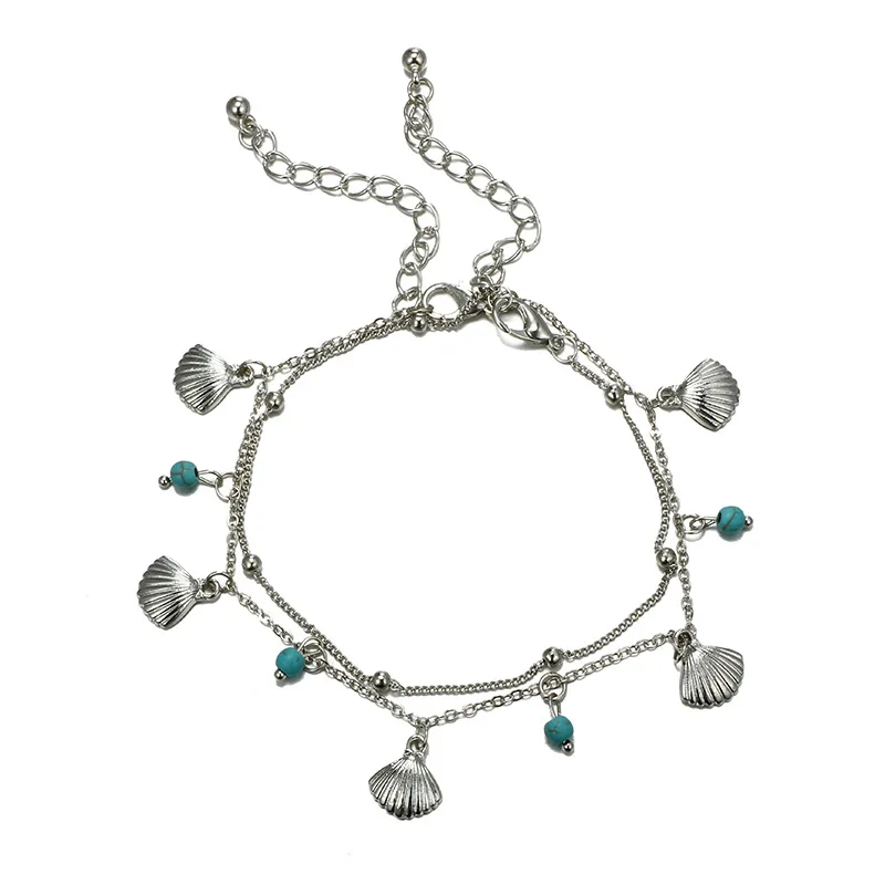 Women's Silver Anklet Shell Feet Blue Beads Summer Beach Barefoot Bracelet Ankle Adjustable Bohemian Accessories | Украшения и