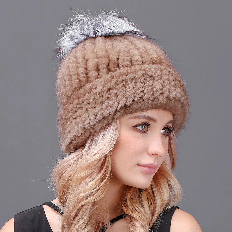 100% норковая шапка с меховым помпоном вязаные шапки из меха норки шапочки