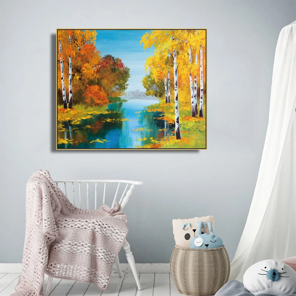 Laeacco Canvas Calligraphy Painting Birch Forest Near the River Posters and Prints Wall Artwork Pictures for Living Room Decor | Дом и сад