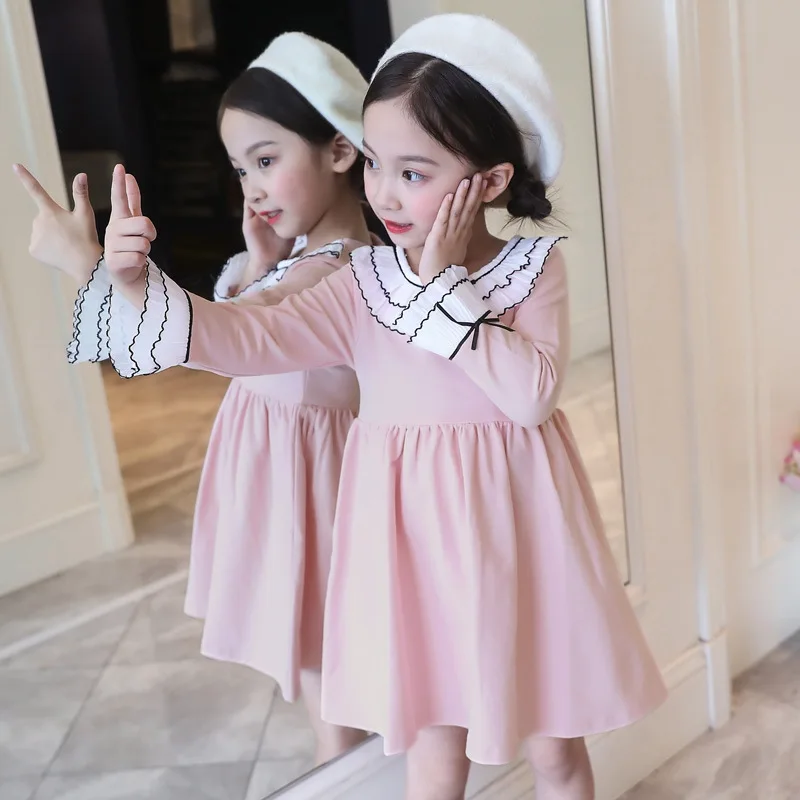 Girls Dress 2018 New Autumn Casual Long Sleeve bow Turn-down Collar Design kids dresses for children Clothes | Детская одежда и