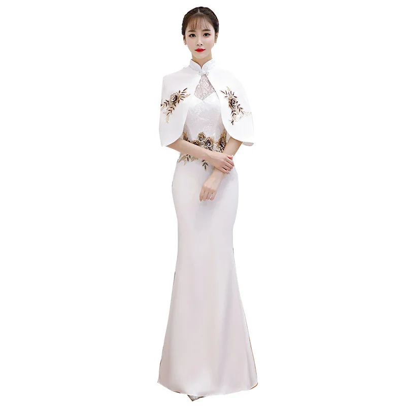 

Sexy White Embroidery Satin Mermaid Female Cheongsam Dress Vestidos Chinos Oriental Elegant Flower Wedding Gowns Party Dresses