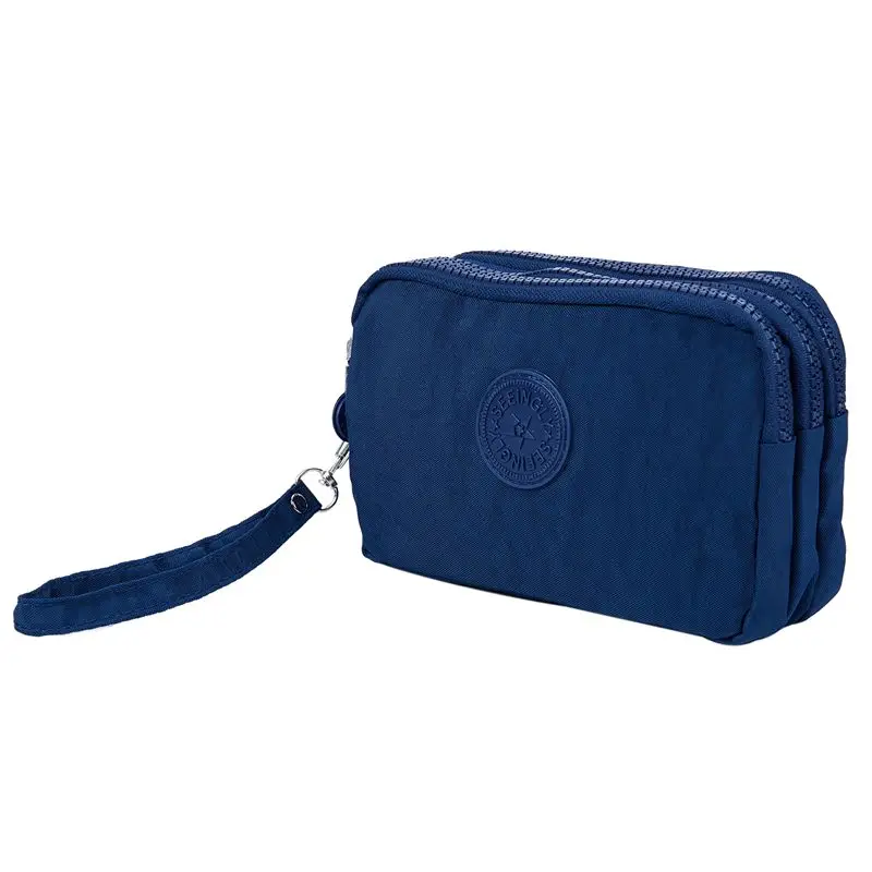 Dark blue Женский маленький кошелек с эффектом потертости и складок, тканевый кошелек для телефона с тремя молниями, Портативная сумка для макияжа - Color: Dark blue
