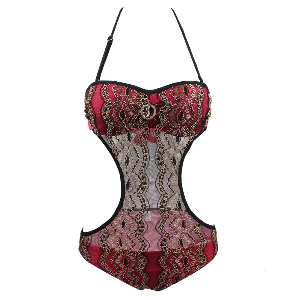 Женский сетчатый красный кружевной купальник в винтажном стиле цельный