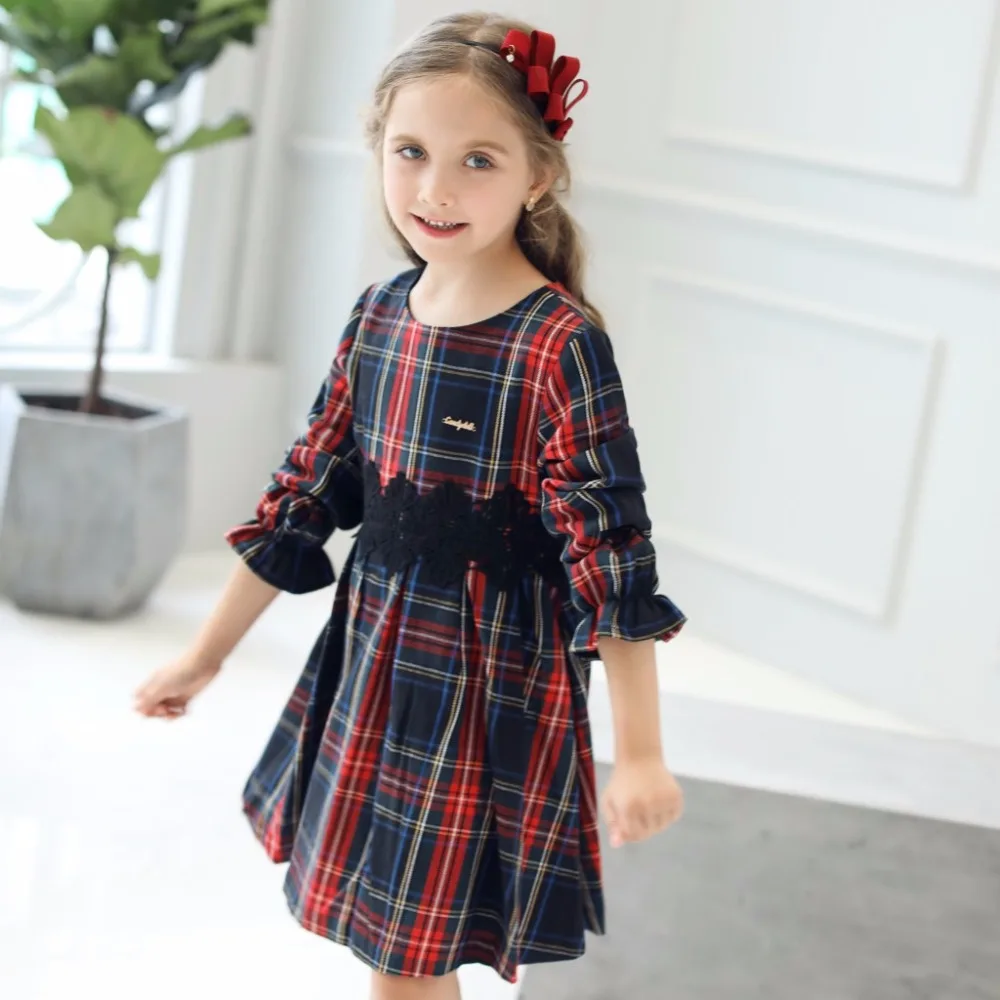 Детское платье осень 2017 г. Новые для девочек сладкий красный плед лотоса с