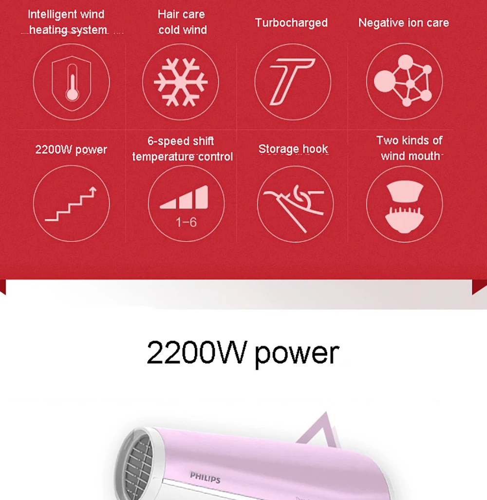 PHILIPS Фен BHD278/75 с 2200 Вт высокой мощности 3 скорости urbo ускорение быстрая сушка для домашнего отрицательного ионизирующий Фен
