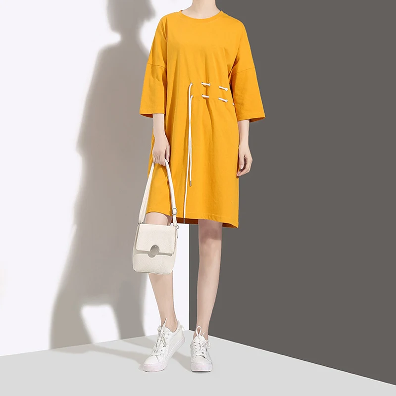 Hongsonghan Korean version 2018 fashion women's summer large size loose T-shirt dresses drawstring round waist knee length dress | Женская