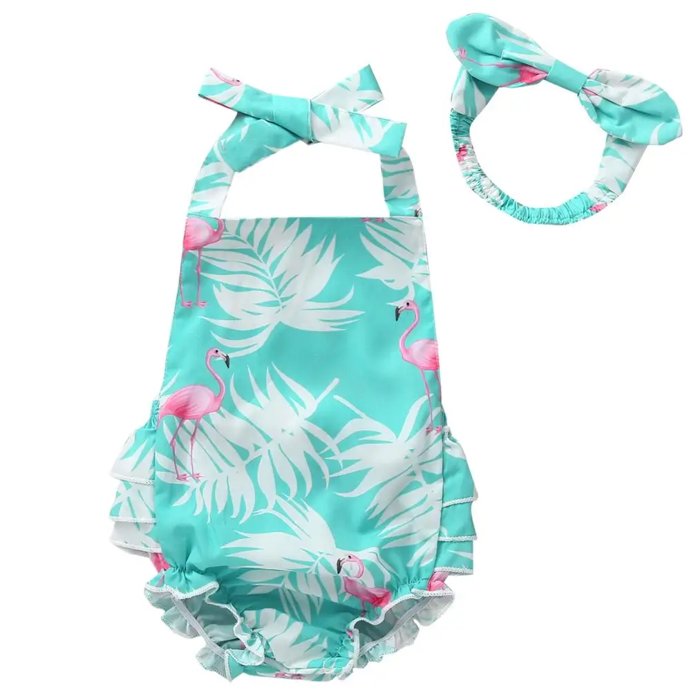 2020 боди для маленьких девочек Комбинезон с принтом Фламинго + повязка на голову