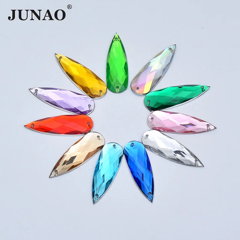 JUNAO 10*30 мм большие стразы для шитья с разноцветными каплями, аппликация с пришивным кристаллом, плоская задняя сторона, акриловые стразы для рукоделия одежды