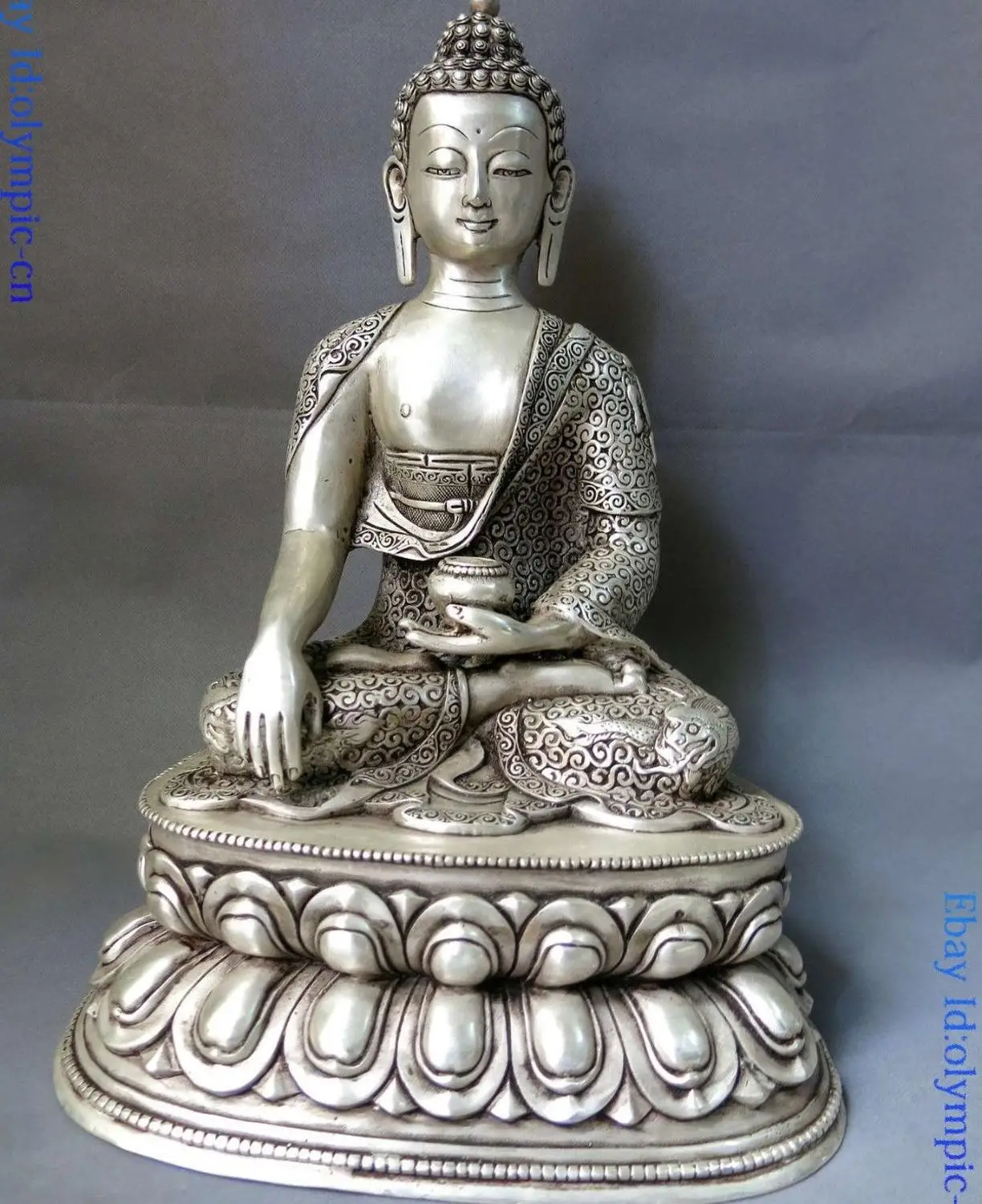 

14" China silver carved buddhism dragon eight treasures Medicine Buddha Statue