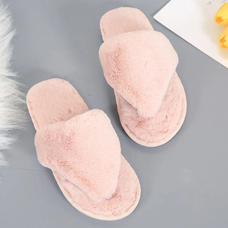 Women Slippers Winter Shoes Flat Sweet Slippers Woman Indoor Shoes Fur Warm Soft Slip On Black Pink Grey Female Slipper dd055