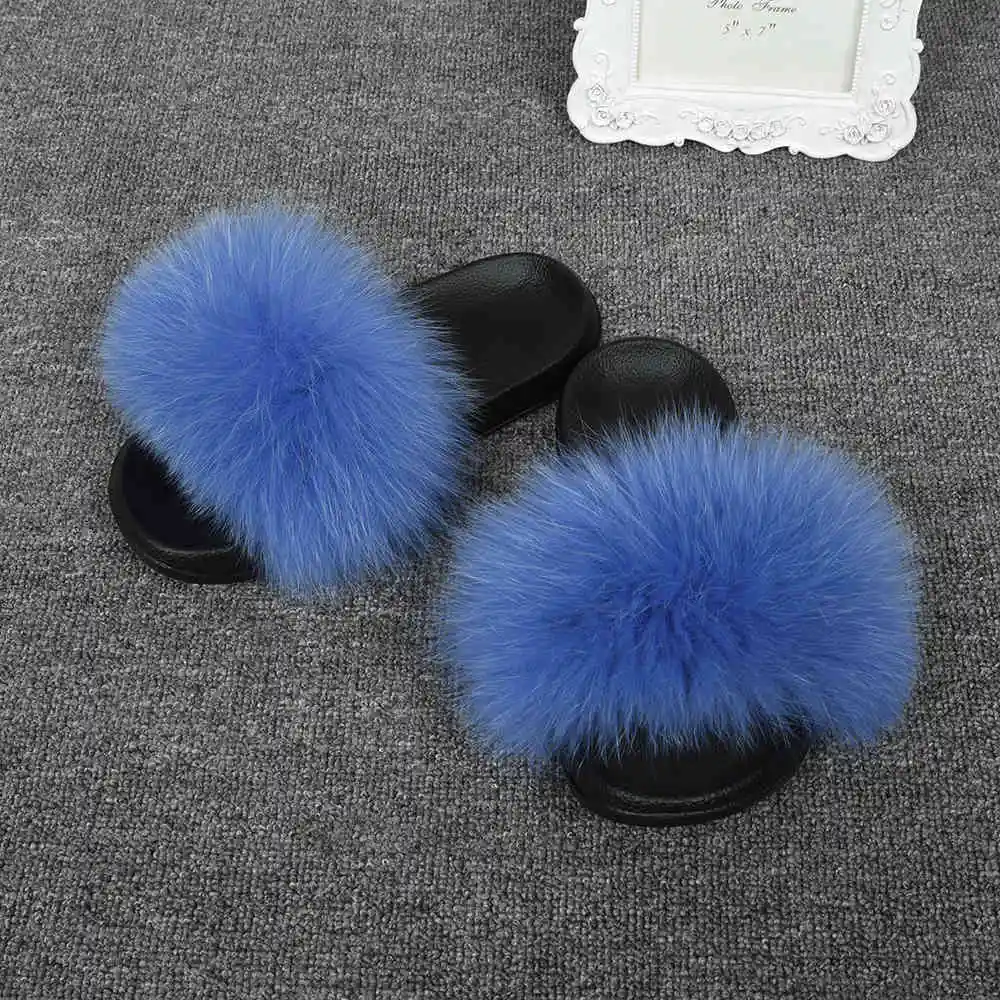 Ocean Blue CCFUR/Женские меховые тапочки; милые женские пушистые шлепанцы с натуральным лисьим мехом; женские меховые шлепанцы для дома; S6043B - Цвет: Ocean Blue