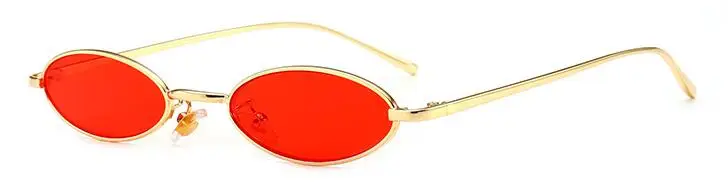 gold red Тренд, узкие овальные очки, Ретро стиль, фирменный дизайн, для женщин и мужчин, в стиле хип-хоп, солнцезащитные очки, красные, желтые, милые маленькие солнцезащитные очки, металлические очки - Цвет линз: gold red