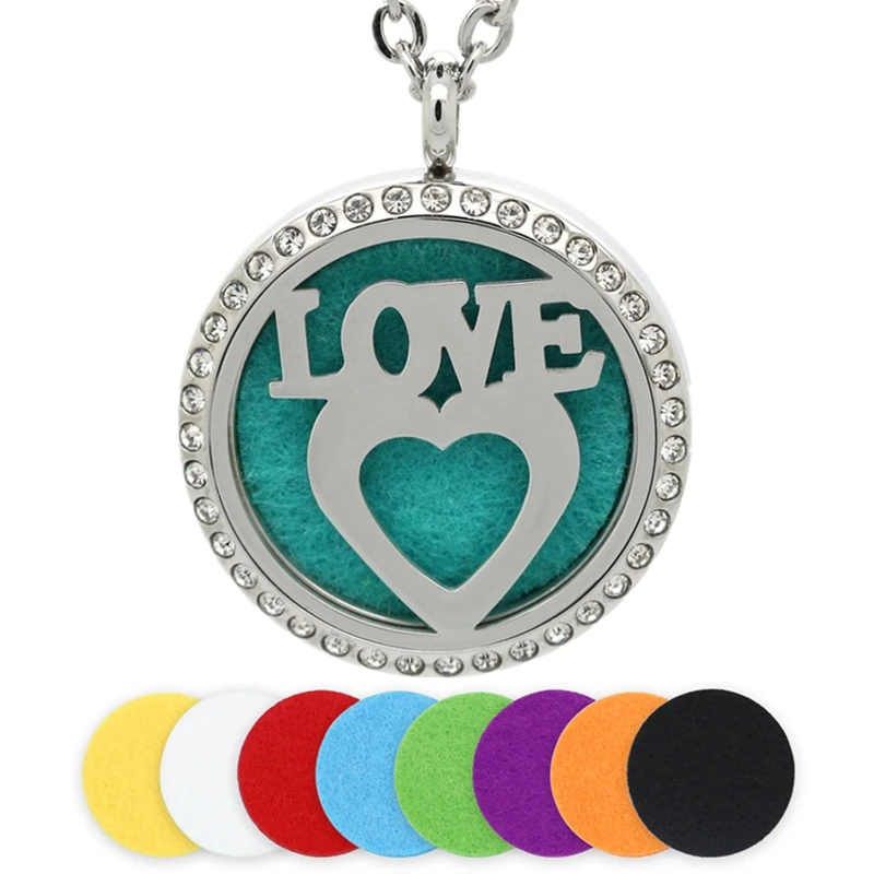 

30MM Aromatherapy Necklace Silver Love Stainless Steel Crystal Essential Oil Diffuser Necklace Locket Pendant mather's day
