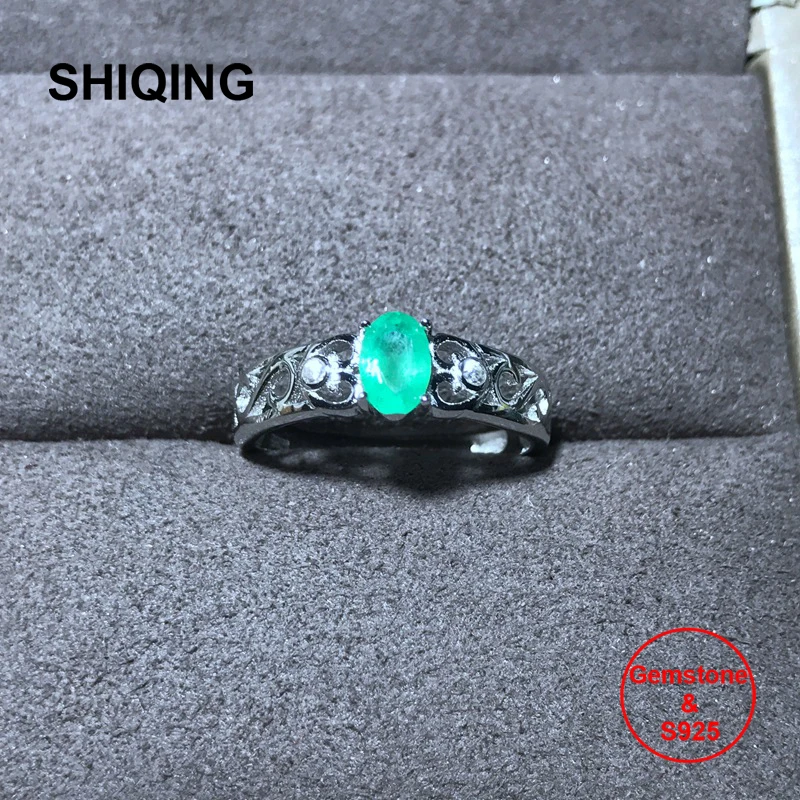 

SHIQING Zambia nature emerald genuine gemstone fine jewelry sterling silver heart vintage women rings for love