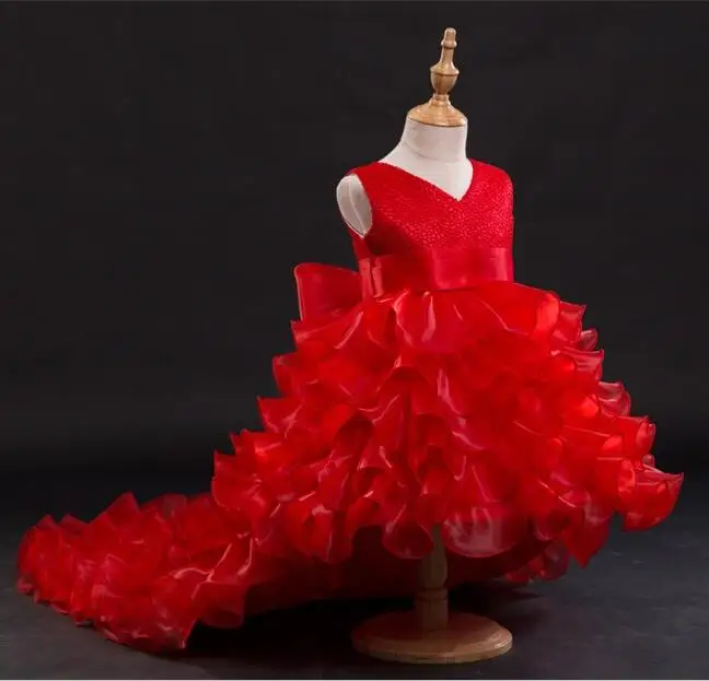 3-14T flower girl Trailing wedding dresses Girl high quality Tutu Mermaid dress V-neck big bow Princess long Party | Детская одежда и