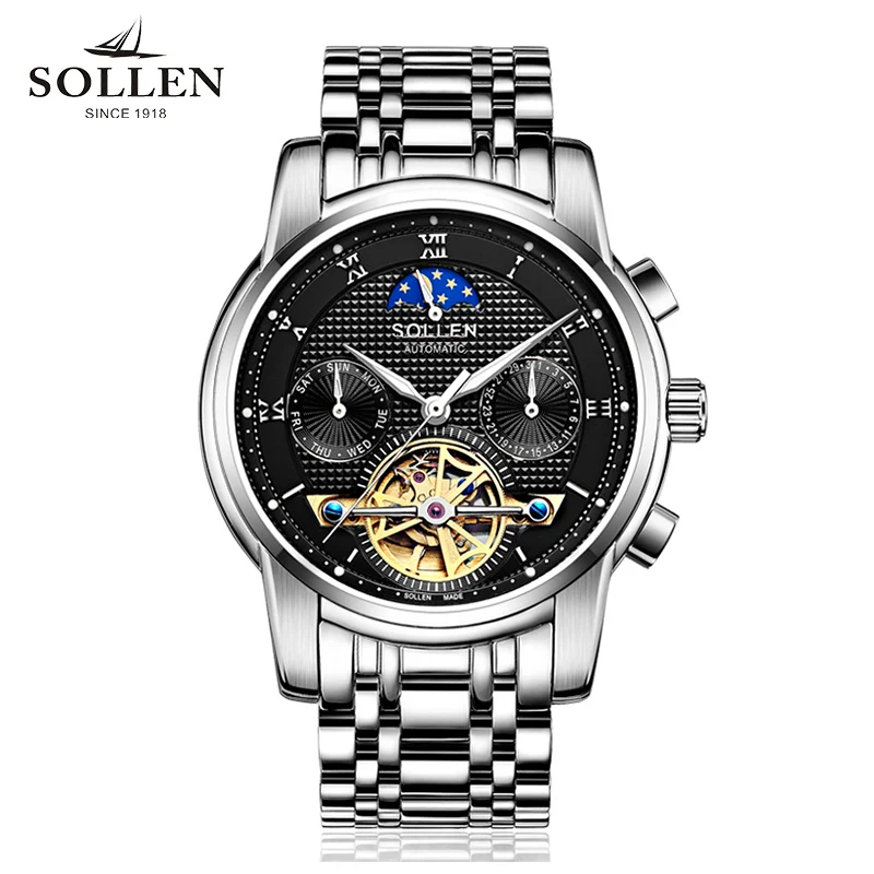 SOLLEN automatic mechanical watch men business hollow men's watches steel waterproof luminous multi-functional male wristwatches |