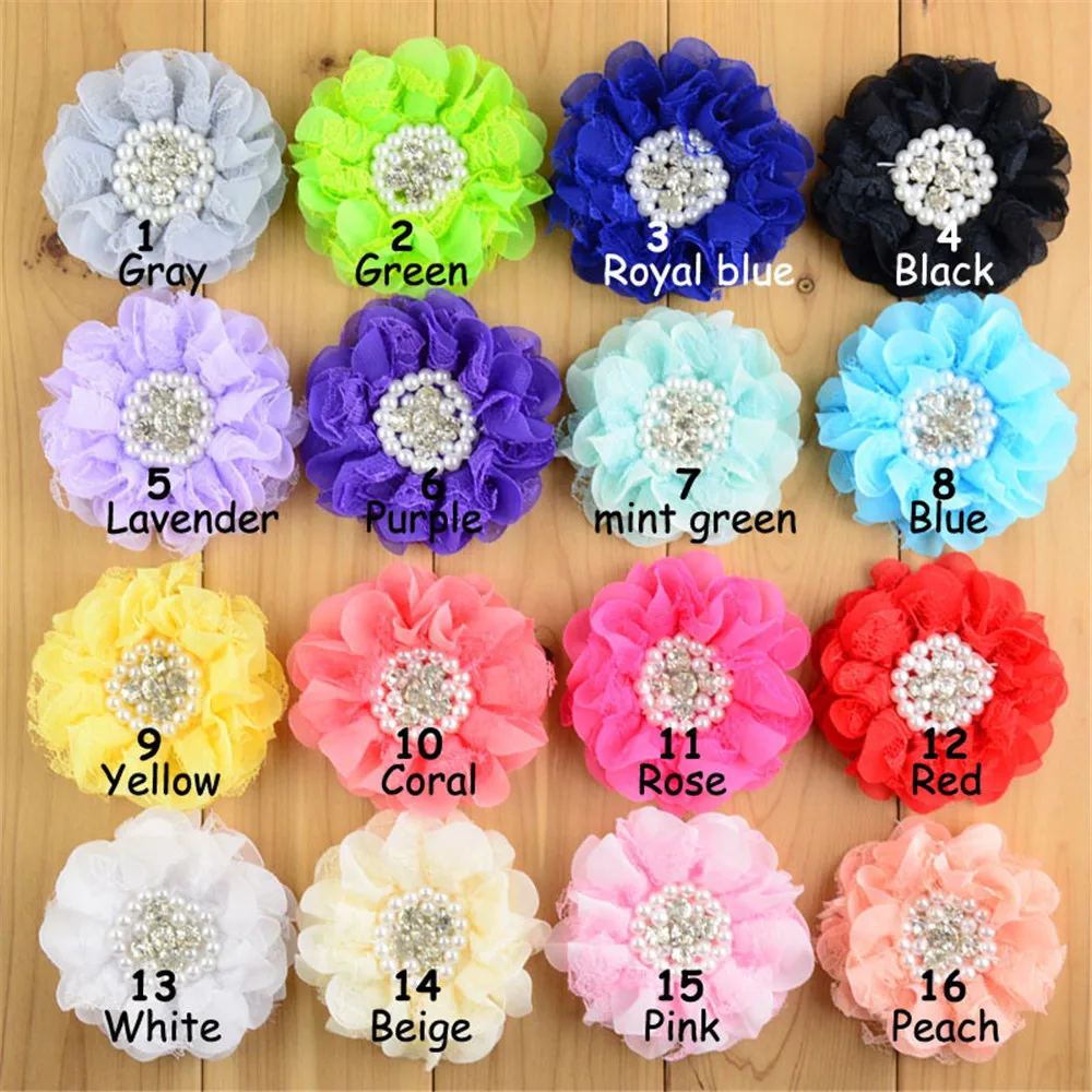 

30pcs/lot Lace flower with rhinstone shabby Frayed Chiffon Flower with Rhinestone for Kid Headbands Hair Accessory