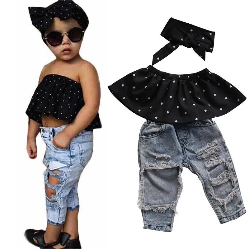 

Fashion Toddler Baby Girls Polk Dot Black Blouse Crop Top Hole Casual Denim Pants Headband 3Pcs Outfits Set