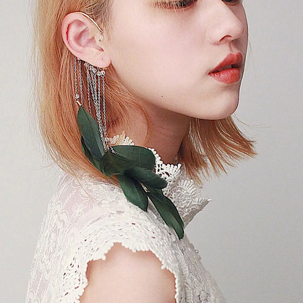 TrinketSea Trendy Women Cuff Clip Earrings Multi Color Leaves Feather Long Tassels Without Piercing Ear Fashion Jewelry | Украшения и