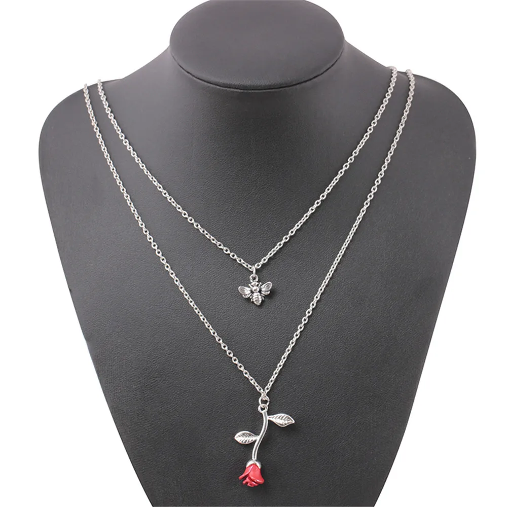 Женское Двухслойное ожерелье Boho Sytle кулон из сплава пчелы красная роза