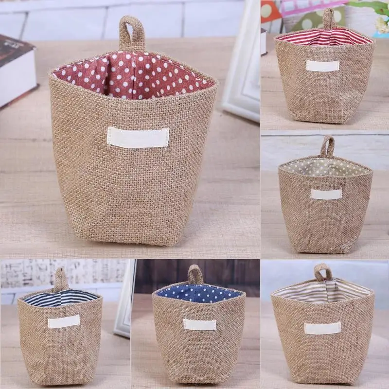 

Jute Storage Bag Basket Organizer with Handles Cotton Lining Sundries Box Mini Desktop Storage Hanging Bag For Baby Toys