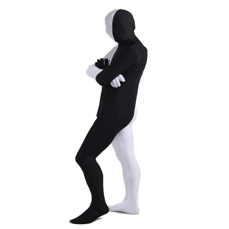 Полноразмерный белый и черный спилок лайкра спандекс монолитный костюм Zentai для