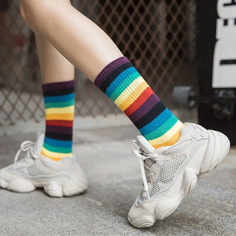 Унисекс вертикальные ребристые трикотажные гольфы до середины голени хлопковые