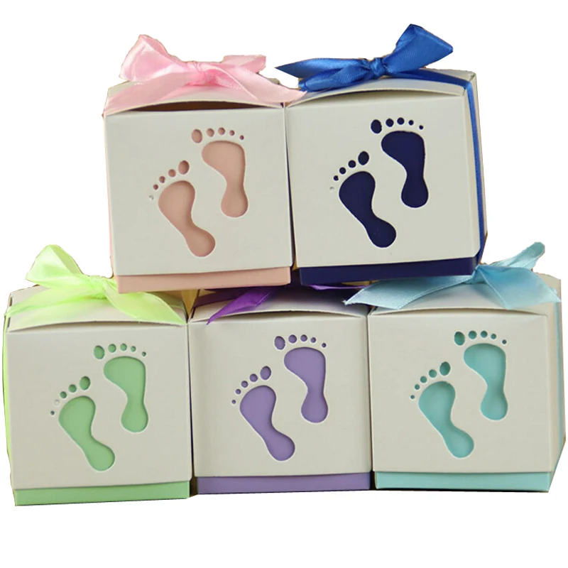 

AVEBIEN Fashion Baby Footprint Candy Boxes Baby Shower Paper Sweet Bag Footprints On Favour Boxes Baptism Candy Container 50pcs